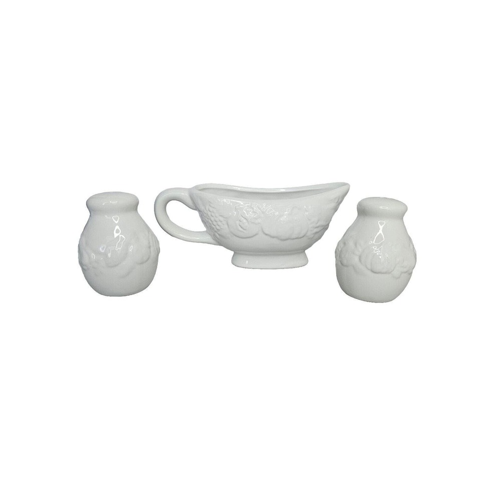 White Ceramic Gravy Boat Salt Pepper Shaker Set Thanksgiving Pumpkin Squash Fall